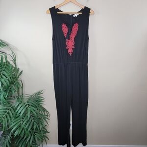 THML | Black Red Embroidered Sleeveless Jumpsuit Size XL